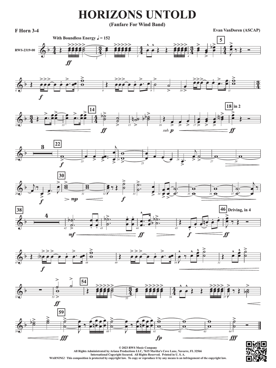 Horizons Untold - Fanfare for Wind Band: 3rd & 4th F Horns Concert Band scores gallery preview page 1