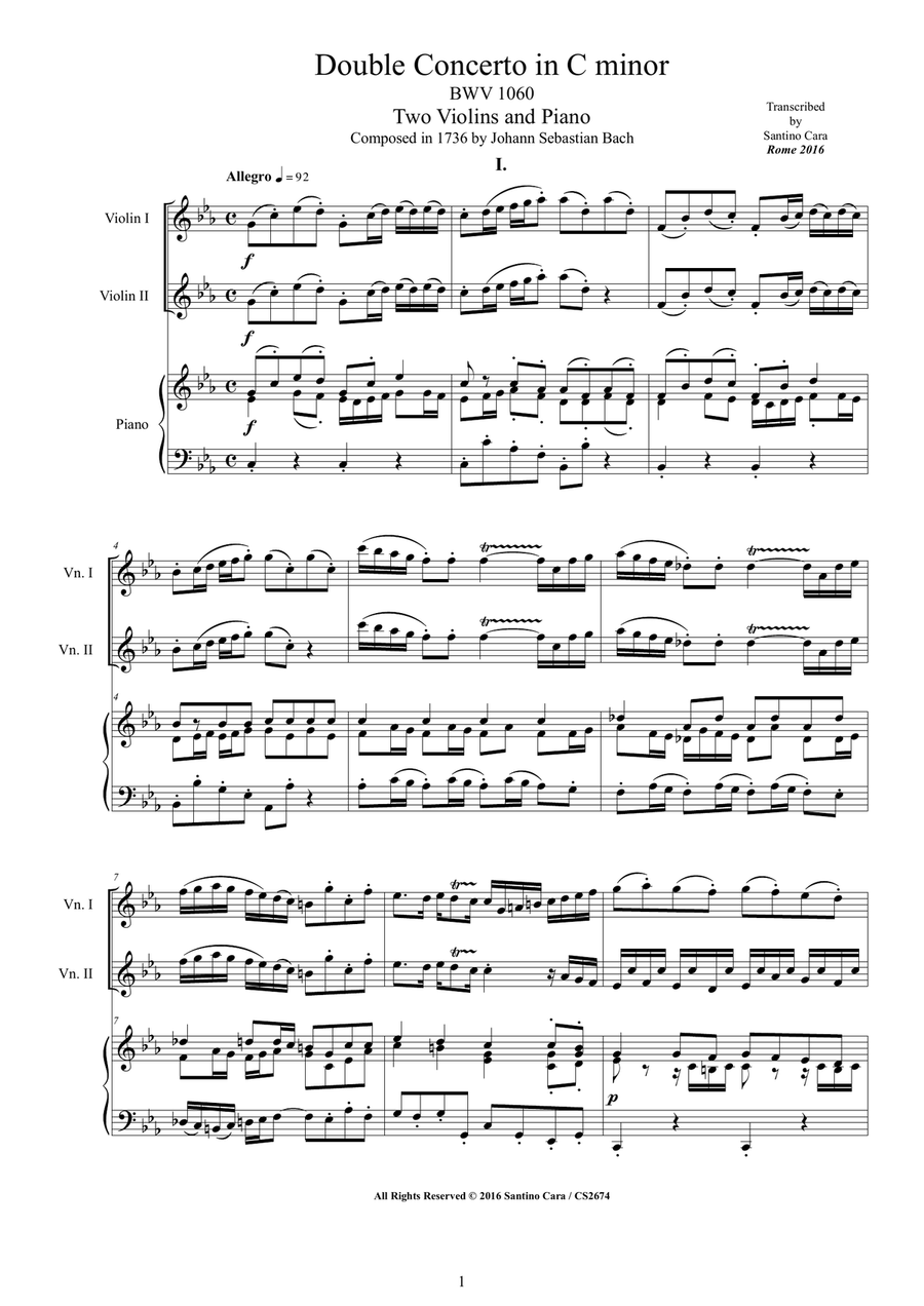 Bach - Double Concerto in C minor BWV1060 for Two Violins and Piano Violin scores gallery preview page 1