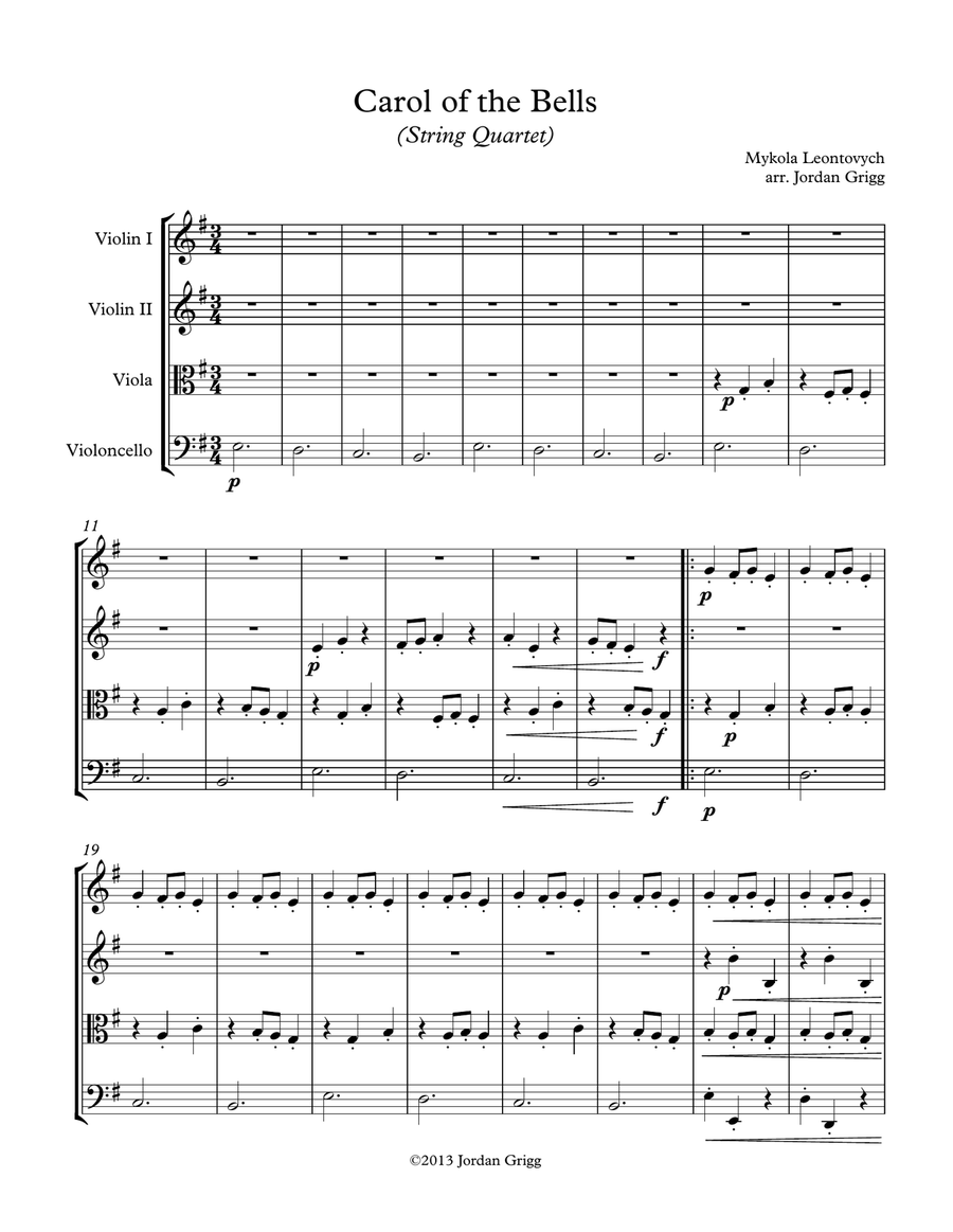 Carol of the Bells (String Quartet) - Score and parts Carol of the Bells (String Quartet) - Score and parts String Quartet scores gallery preview page 1