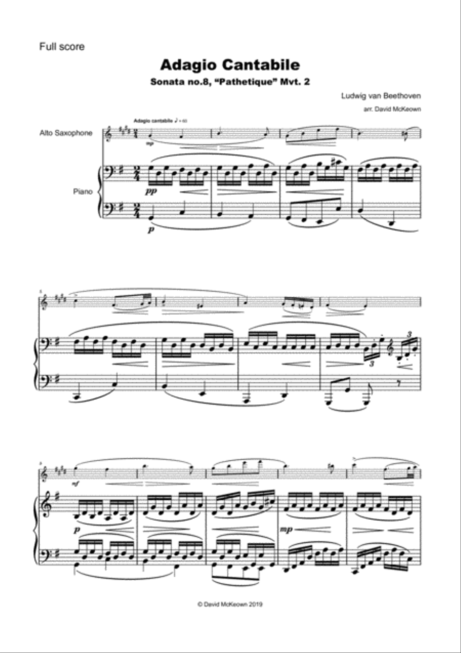 Sonata Pathetique, Adagio Cantabile, by Beethoven, for Alto Saxophone and Piano Alto Saxophone scores gallery preview page 2
