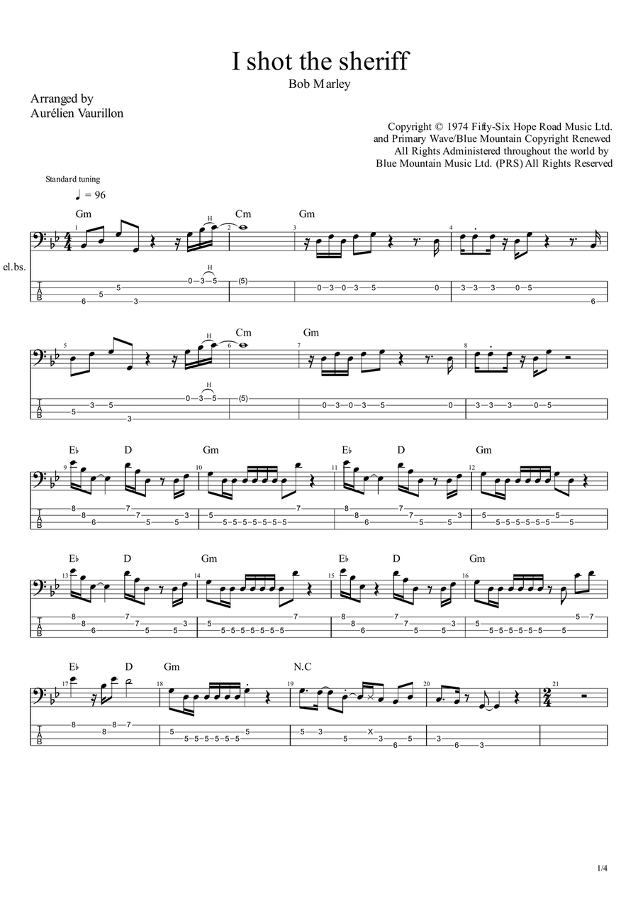 I Shot The Sheriff I Shot The Sheriff Bass Guitar Tablature scores gallery preview page 1